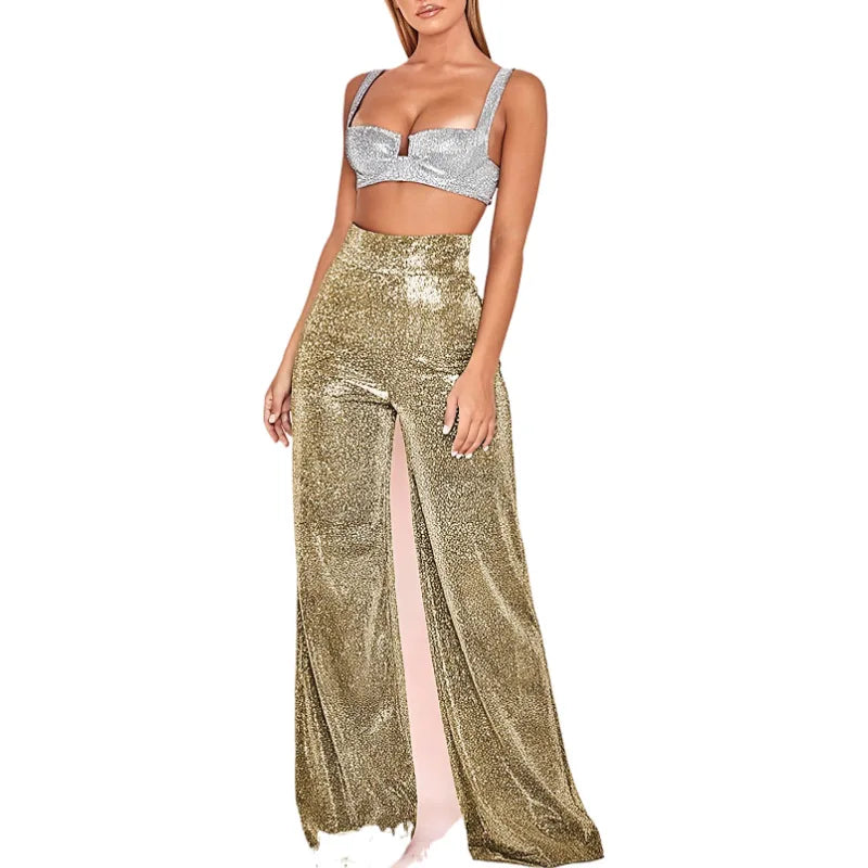 Damen Glitzer Crop Top & Weite Hose Set, Langarm, Hohe Taille