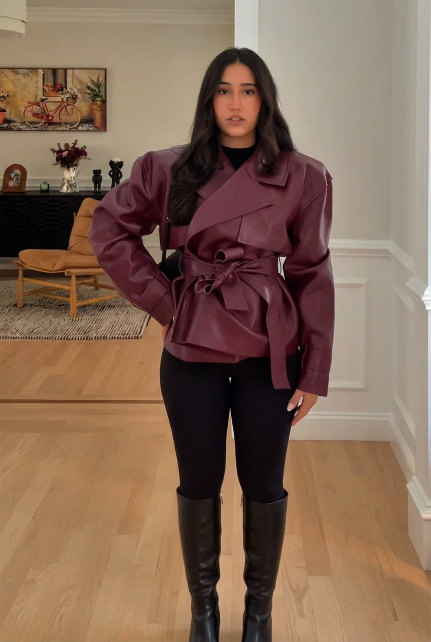 Damen Wickeljacke mit Bindegürtel, Lederoptik, Grün