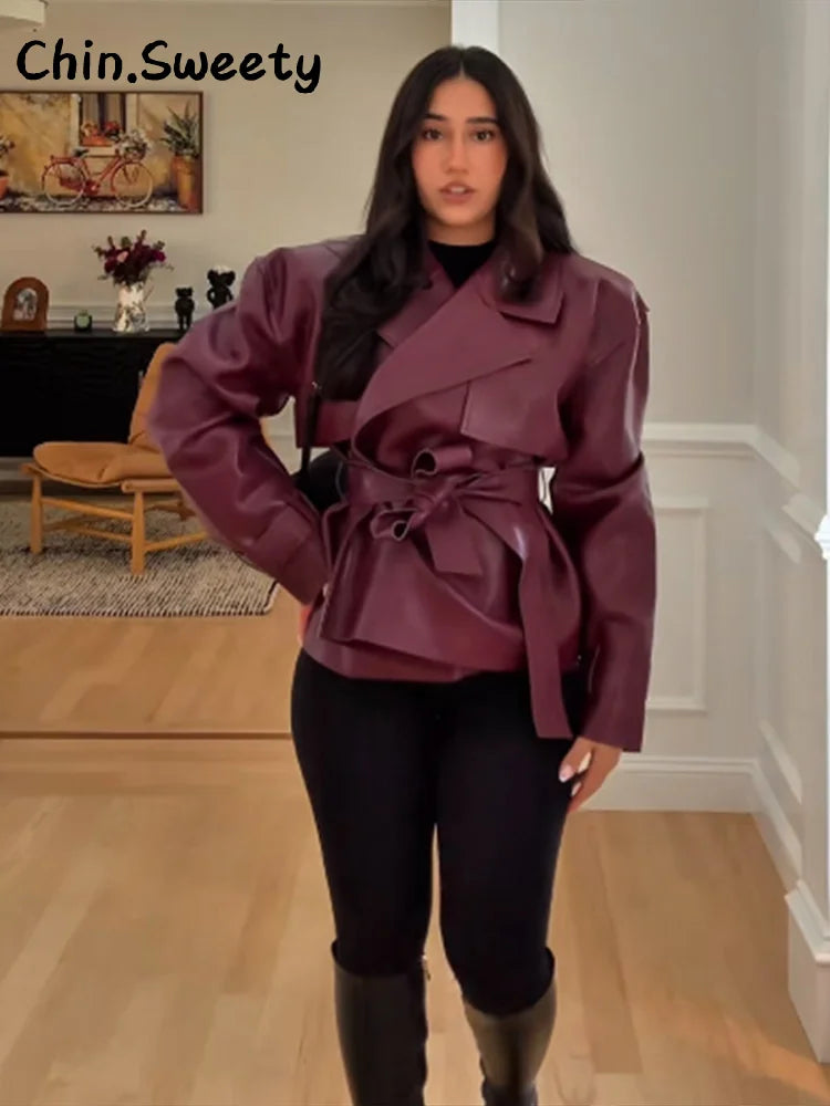 Damen Wickeljacke mit Bindegürtel, Lederoptik, Grün