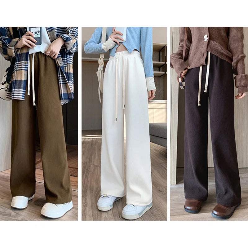 Dames wijde broek met trekkoord, hoge taille en brede pijpen