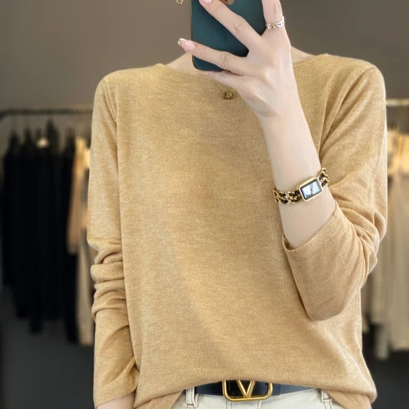 Dames shirt met lange mouwen, gebreide look en wijde halslijn