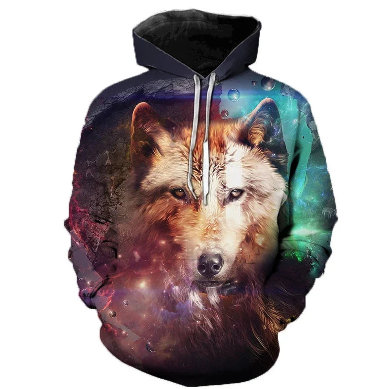 Unisex hoodie met wolvenmotief, kleurrijke 3D-print en trekkoord