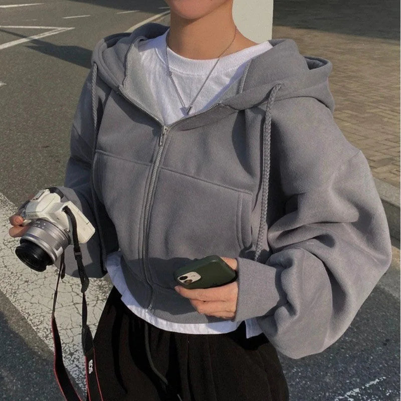 Dameshoodie met korte rits, grijs, met capuchon en wijde mouwen