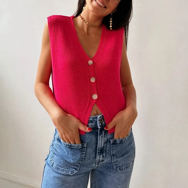 Damen Strickweste mit V-Ausschnitt und Knopfleiste