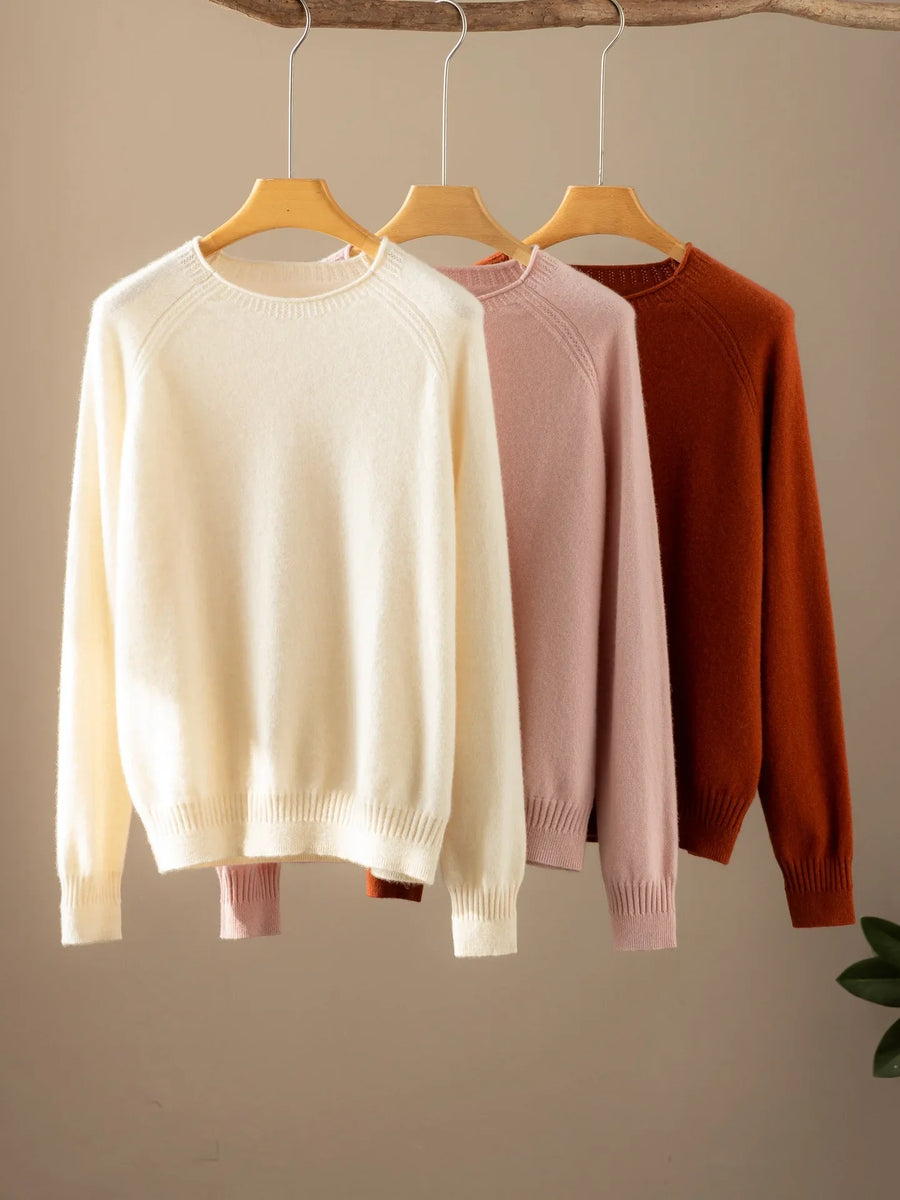 Damen Rundhals Pullover Rosa Raglanärmel Strickdetails
