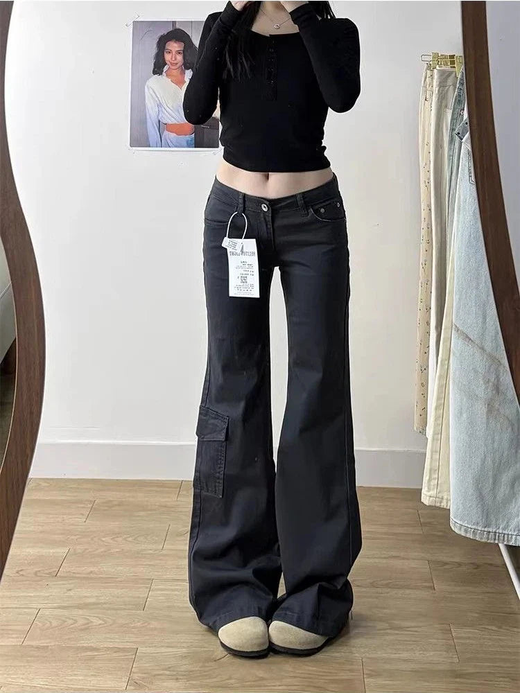 Damen Cargo-Jeans Weites Bein Dunkelgrau