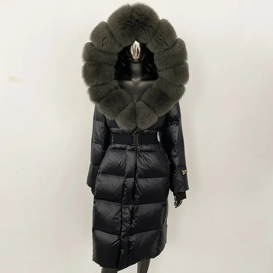 Damen Winter Steppmantel mit Kapuze und Fellkragen Schwarz Grau