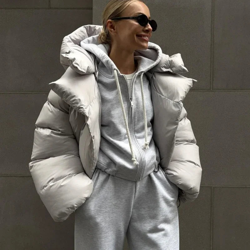 Damen Pufferjacke mit Kapuze, kurz geschnitten, uni