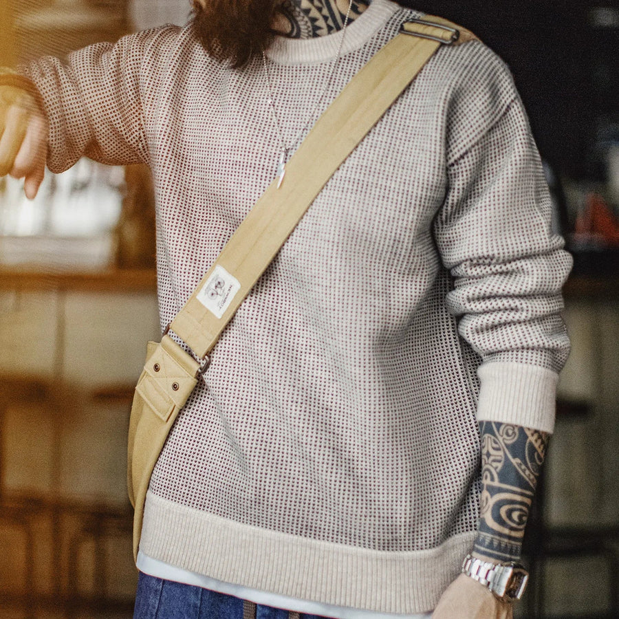 Herren Grobstrick Pullover Rundhals Langarm Beige Waffelstrick