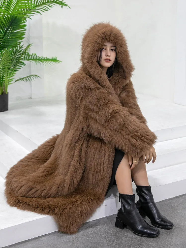 Langer Kunstpelzmantel mit Kapuze für Damen, Winter, Weiches Material, Farbe nach Wahl