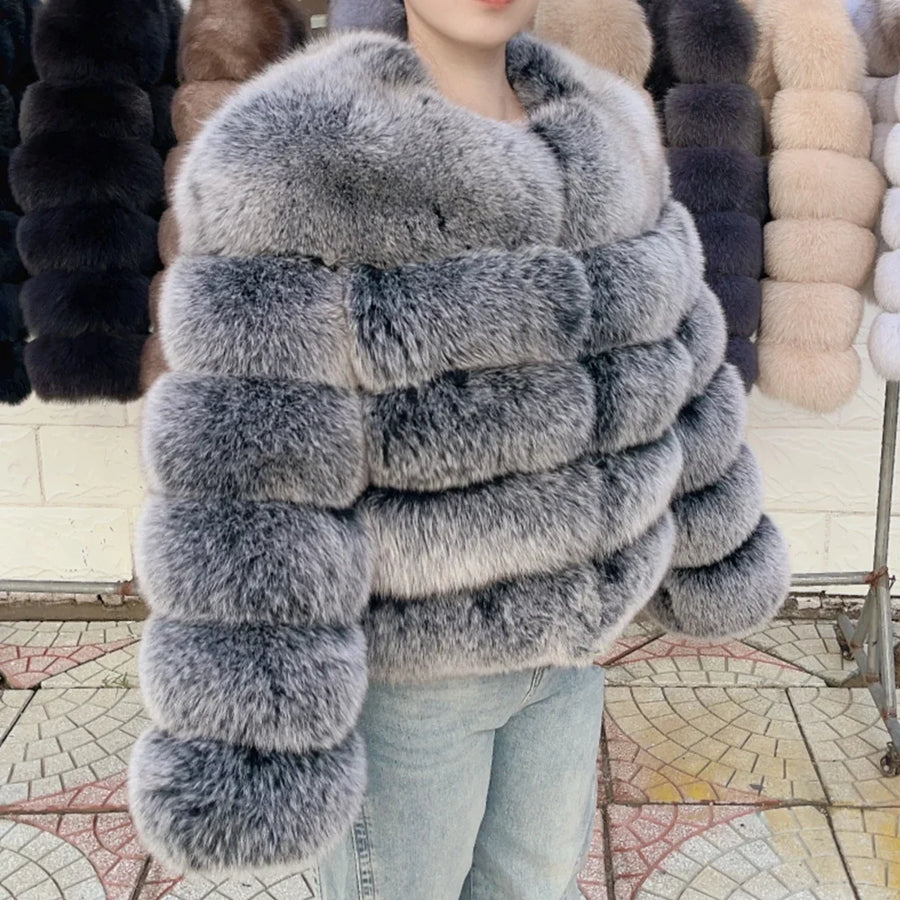 Damen Kurzjacke mit Kunstfell, Winterjacke mit gerippten Ärmeln, warmer Pelzmantel