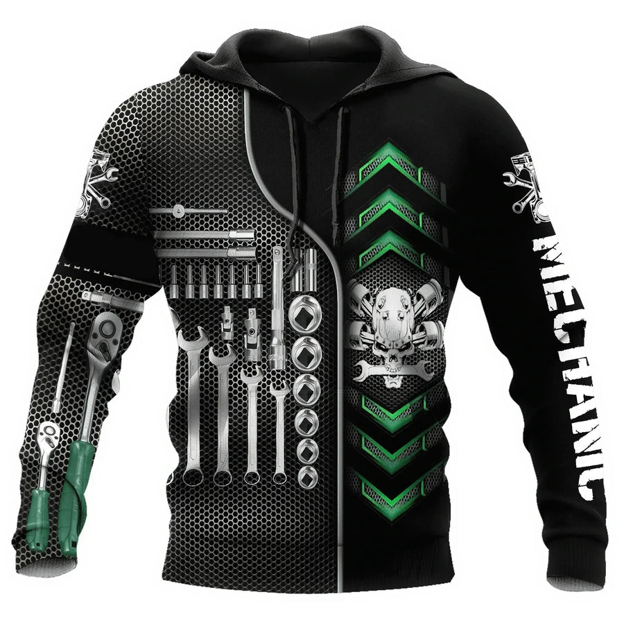 Kapuzenpullover Herren Hoodie Mechaniker-Design Motor Kolben Werkzeug Schwarz Grau