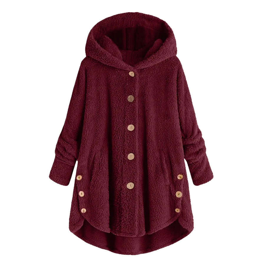 Damen Teddy-Fleece Jacke mit Kapuze und Knöpfen