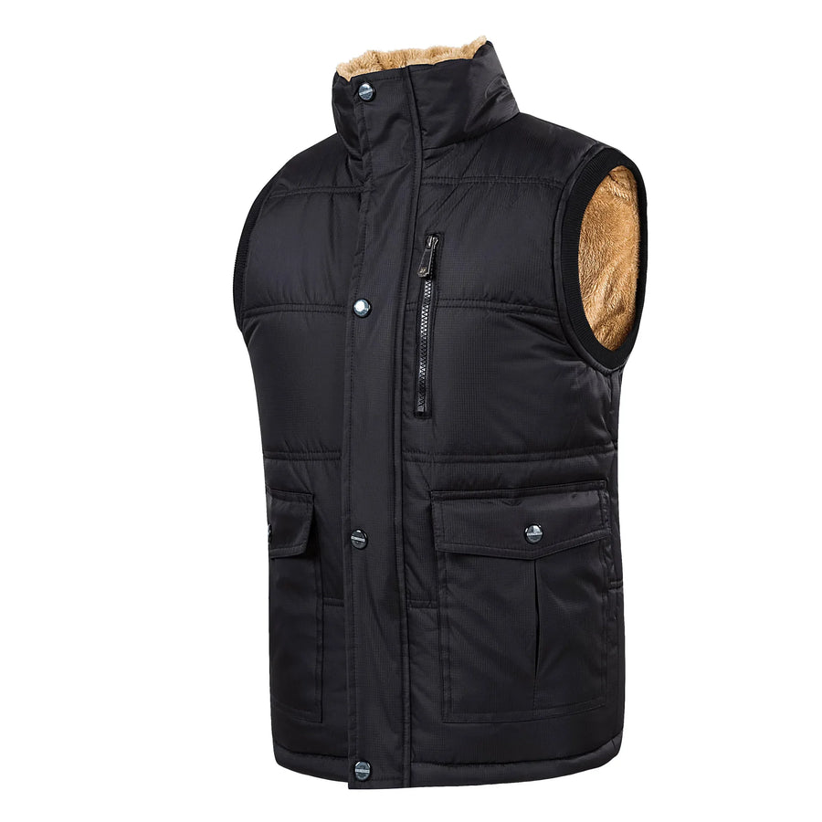 Herenbodywarmer met pluche voering, knoopsluiting en V-hals, olijfgroen