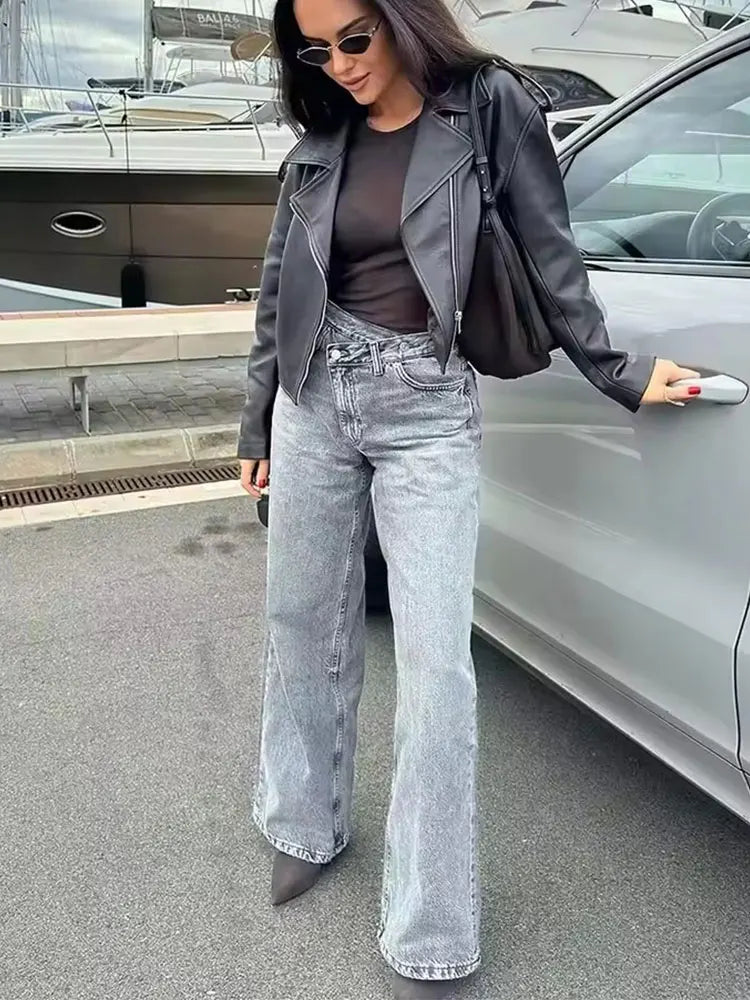 Damen Jeans weites Bein Überlappendes Taillendesign