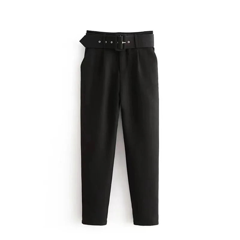 Damen Stoffhose High Waist mit Gürtel Elegante Hose mit geradem Bein