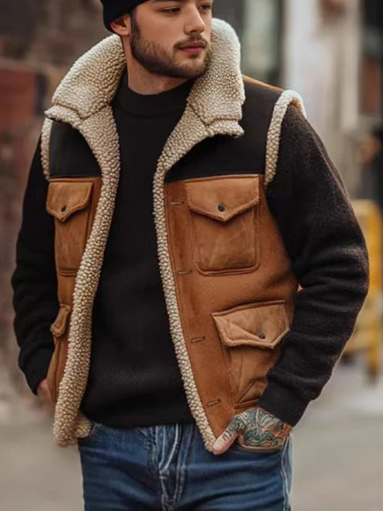 Herren Weste Braun im Wildleder-Look mit Taschen Reißverschluss