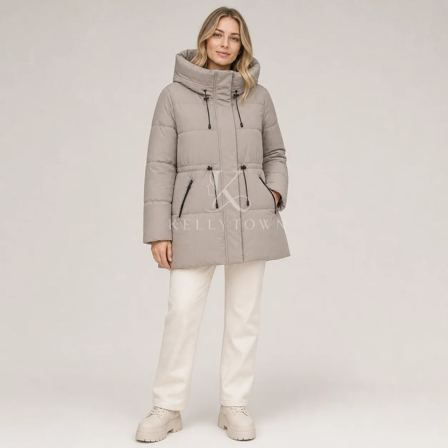 Damen Winter Steppjacke mit Kapuze und Kordelzug