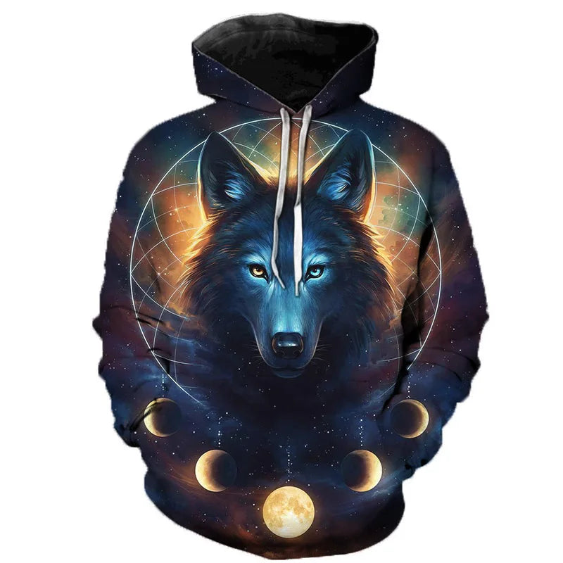 Unisex hoodie met wolvenmotief, kleurrijke 3D-print en trekkoord