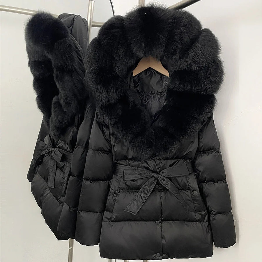 Damen Daunenjacke mit Kunstpelzkragen und Bindegürtel, warme Winterjacke