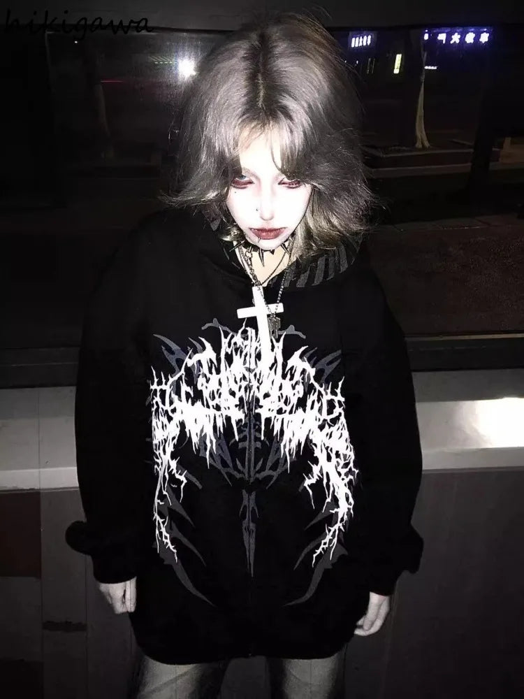 Oversized unisexhoodie met rits en capuchon, met gothic-print