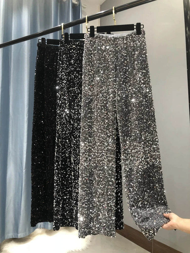 Damesbroek met wijde pijpen, glitter en pailletten, feestelijk en geschikt voor feestjes, hoge taille