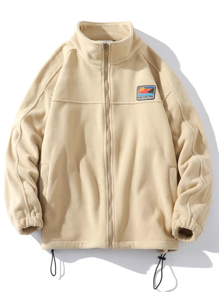 Fleecejack met rits, opstaande kraag en patch, beige