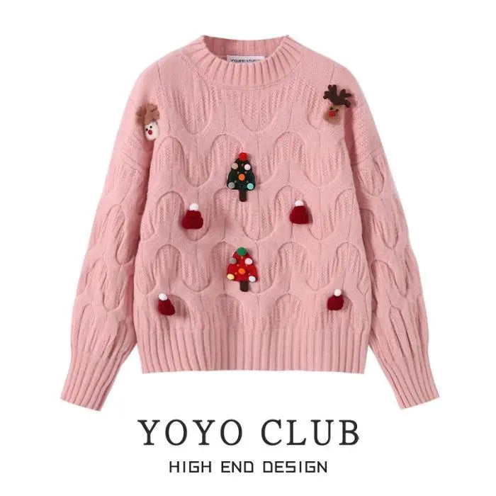 Dames kerstpullover, gebreid, met 3D-applicaties, ronde hals en lange mouwen