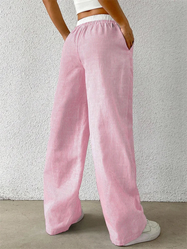 Dames gestreepte broek met wijde pijpen, elastische tailleband, trekkoord en geplooide look