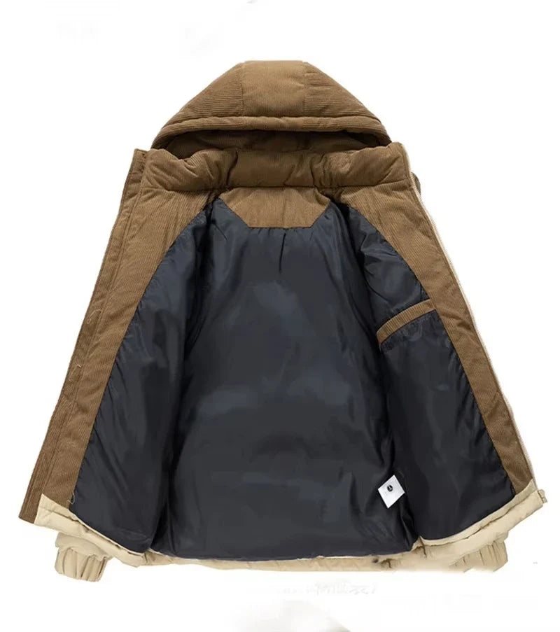 Winter Steppjacke mit Kapuze Zweifarbig Cord-Detail Gepolsterte Outdoor-Jacke