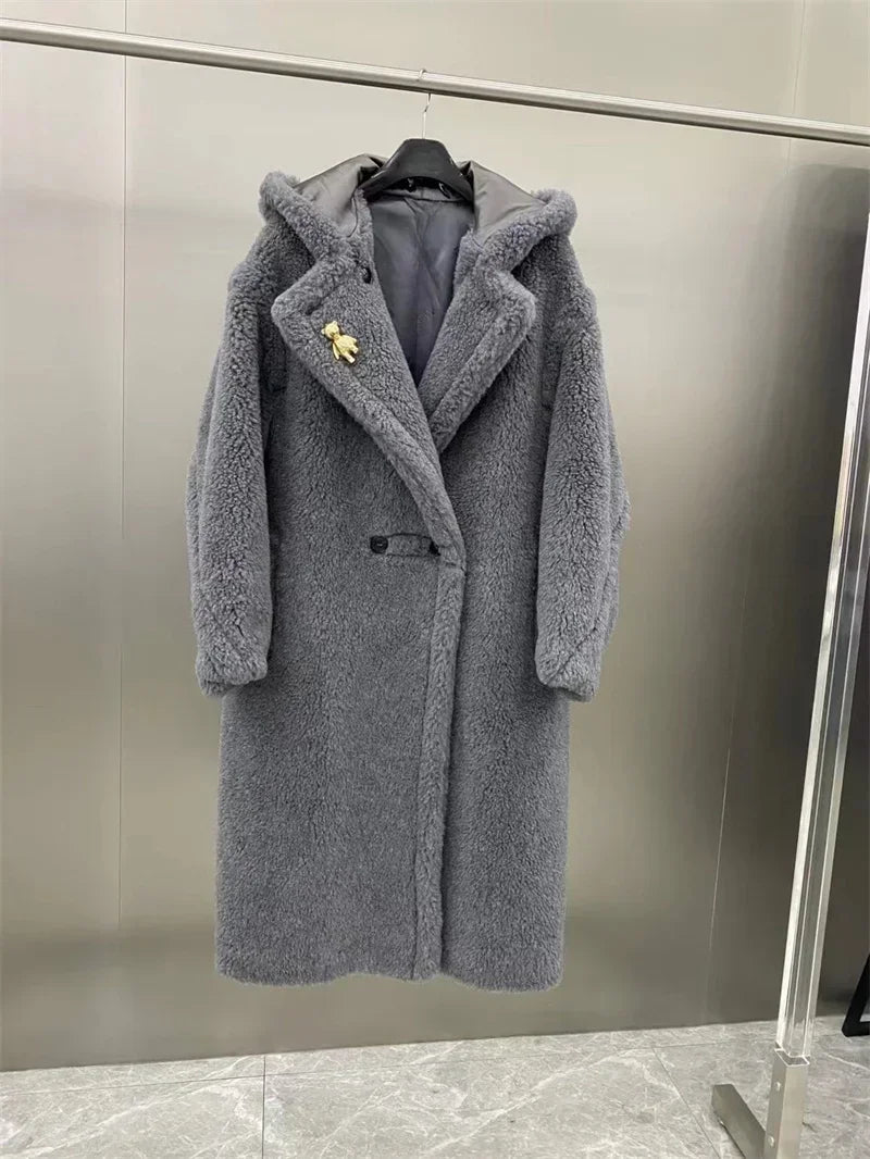 Damen Teddyfell Mantel mit Kapuze und Handschuhen, mittellang, Winter
