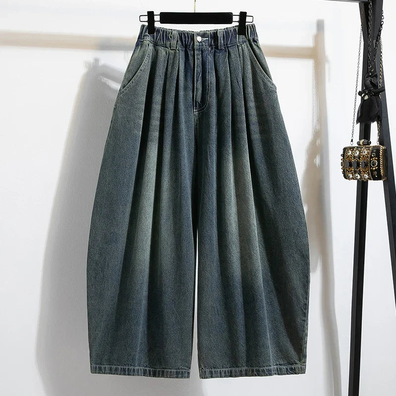 Damen Jeanshose Weites Bein Hohe Taille Waschung Dunkelblau