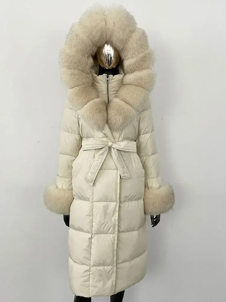 Damen Daunenmantel Lang mit Kapuze und Pelzbesatz Gürtel Steppjacke Warm