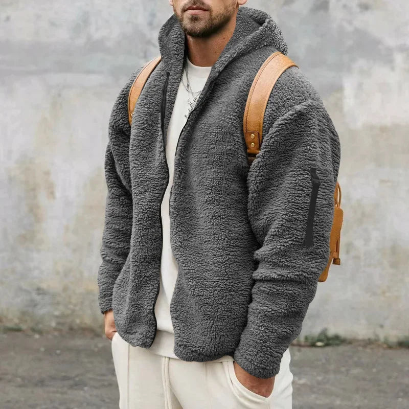 Teddy-Fleece Kapuzenjacke Herren mit Reißverschluss und Seitentaschen - Kuschelig Warm