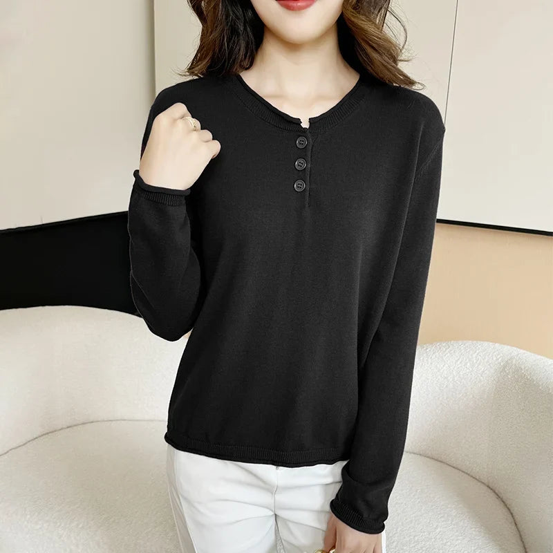 Damen Henley-Pullover Langarm mit Knopfleiste