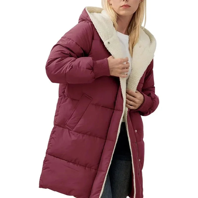 Damen Langer Steppmantel mit Kapuze und Teddyfutter, Winter Warme Jacke