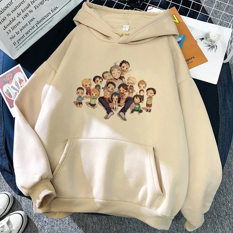 Hoodie met capuchon en anime-motief van de Karasuno Volleyball Club, beige