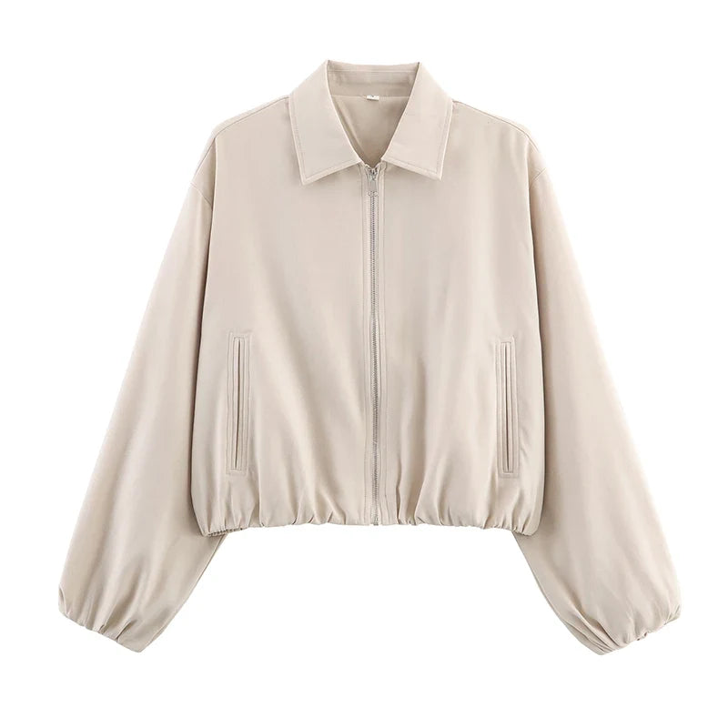Damen Kurzjacke mit Reißverschluss, Kragen und Gummizugsaum