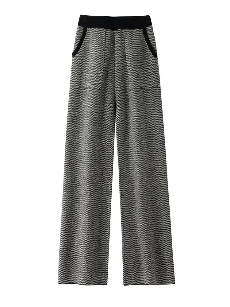 Wijde gebreide broek met visgraatpatroon en elastische tailleband
