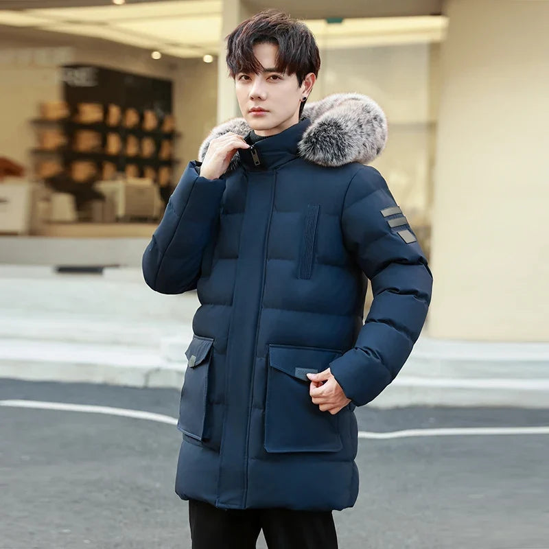Herren Winterparka mit Kapuze Pelzbesatz Gepolsterte Lange Jacke