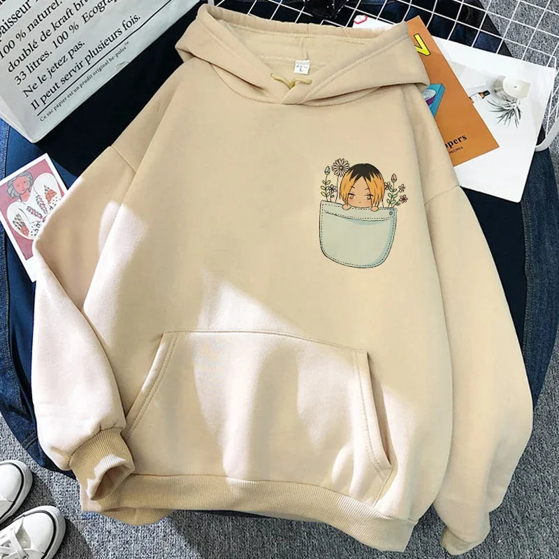 Hoodie met capuchon en anime-motief van de Karasuno Volleyball Club, beige