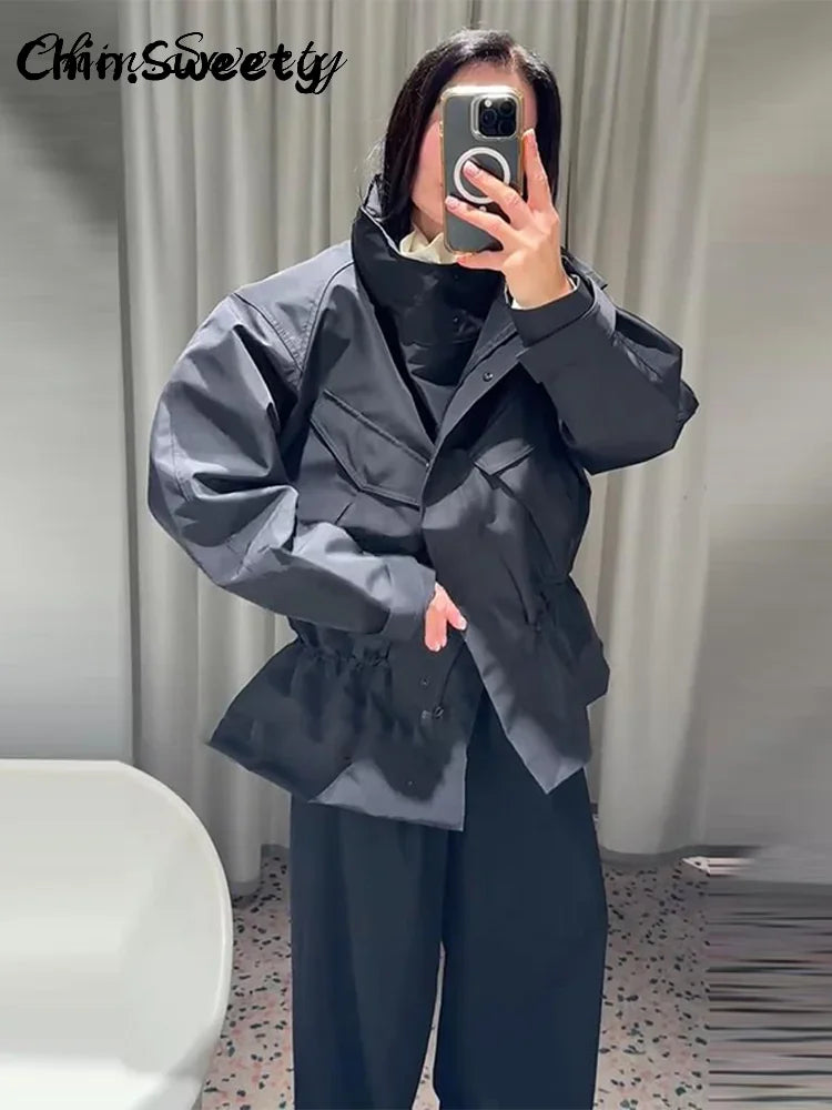 Damen Jacke Schwarz Kurz Kragen Weitenregulierbar