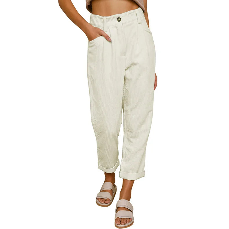 Damen Cordhose mit hoher Taille, weitem Bein und Falten, umgeschlagener Saum, Freizeit-Look