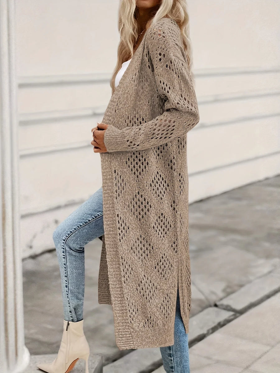 Lang damesvest van breiwerk met ajourpatroon, beige