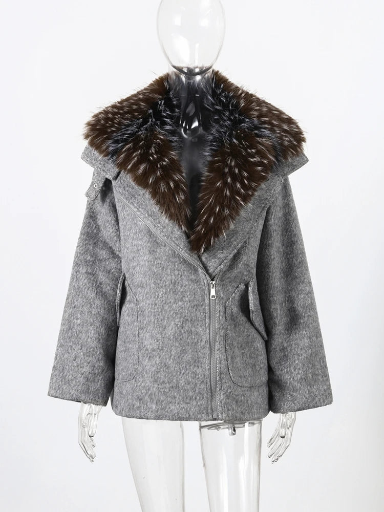 Damen Jacke Kurz Winterjacke mit Kunstpelzkragen Reißverschluss Grau