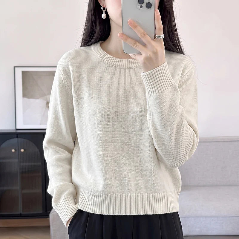 Damen Rundhals Strickpullover Langarm Feinstrick