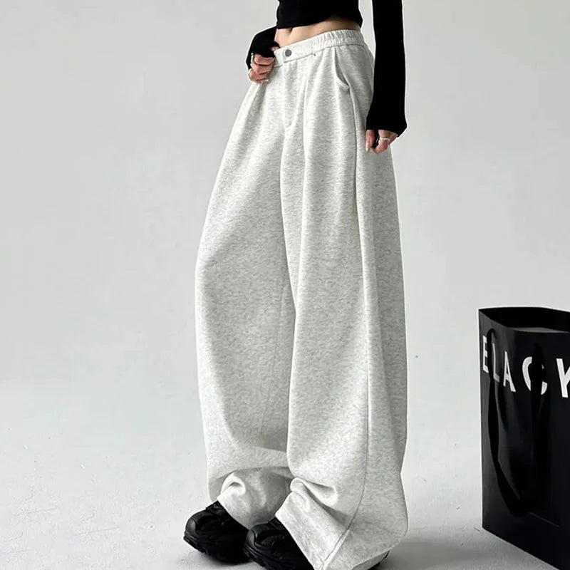 Wijde vrijetijdsbroek voor dames met hoge taille, casual stijl, grijs of zwart