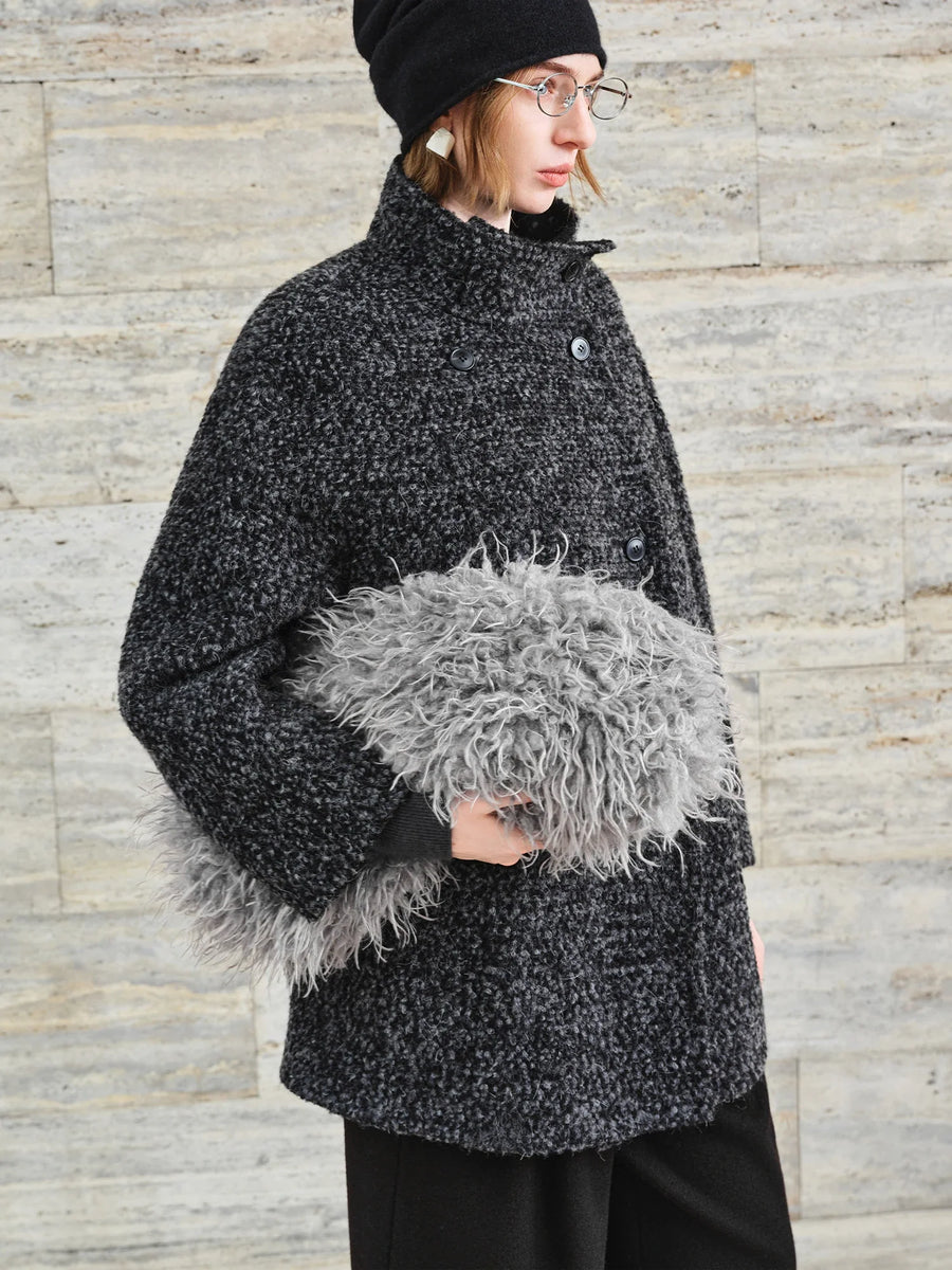 Damen Kurzmantel Mélange Oversize Zweireiher Dunkelgrau