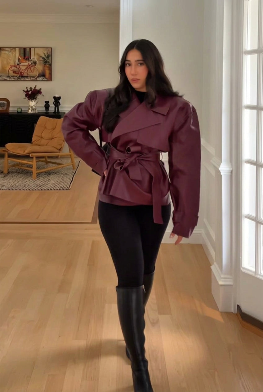 Damen Wickeljacke mit Bindegürtel, Lederoptik, Grün