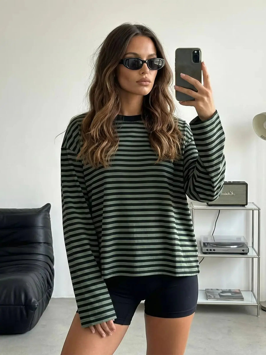 Gestreept dames-shirt met lange mouwen, oversized, ronde hals, casual crop top